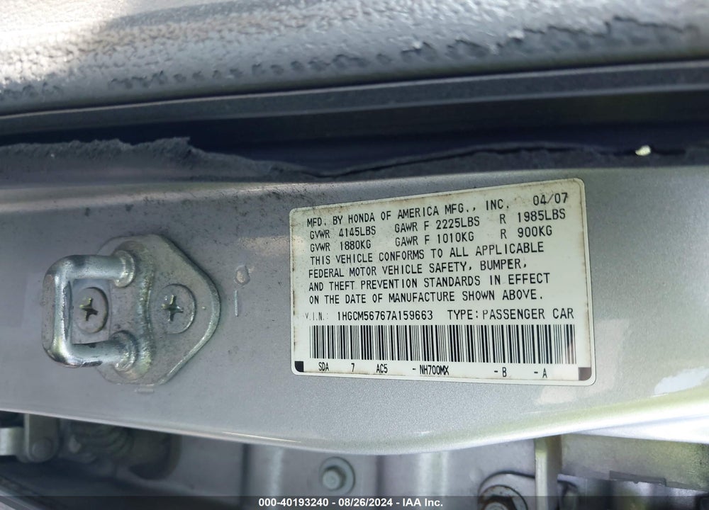 2007 HONDA ACCORD 2.4 EX VIN: 1HGCM56767A159663