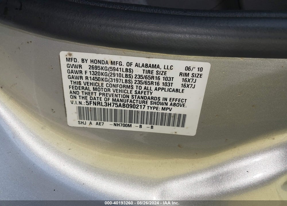 2010 HONDA ODYSSEY EX-L VIN: 5FNRL3H75AB090217