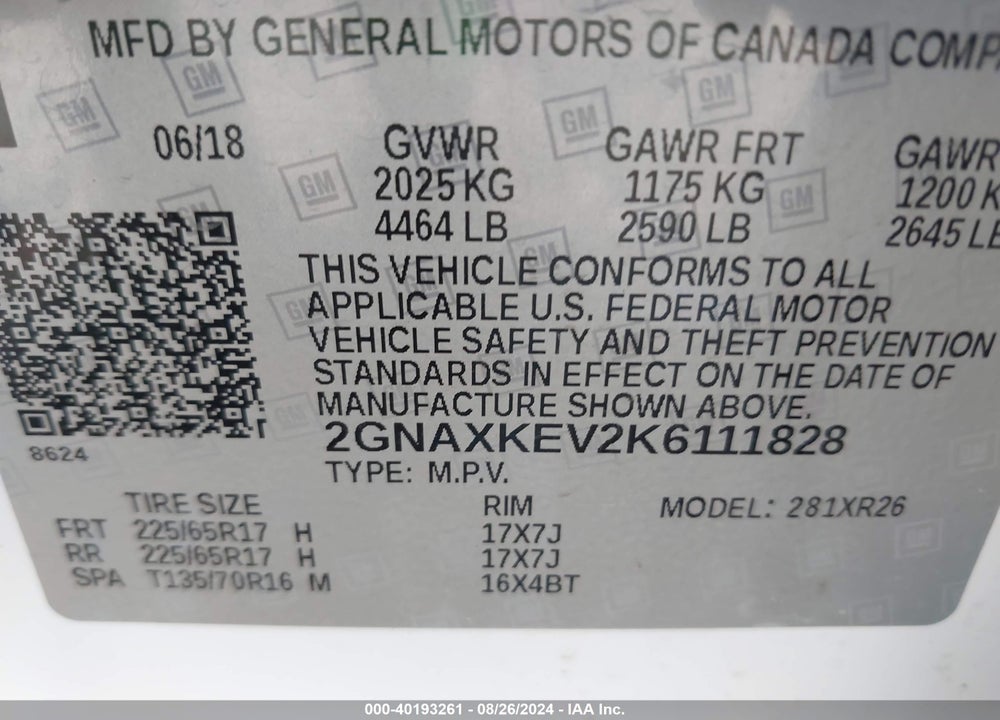 2019 CHEVROLET EQUINOX LT VIN: 2GNAXKEV2K6111828