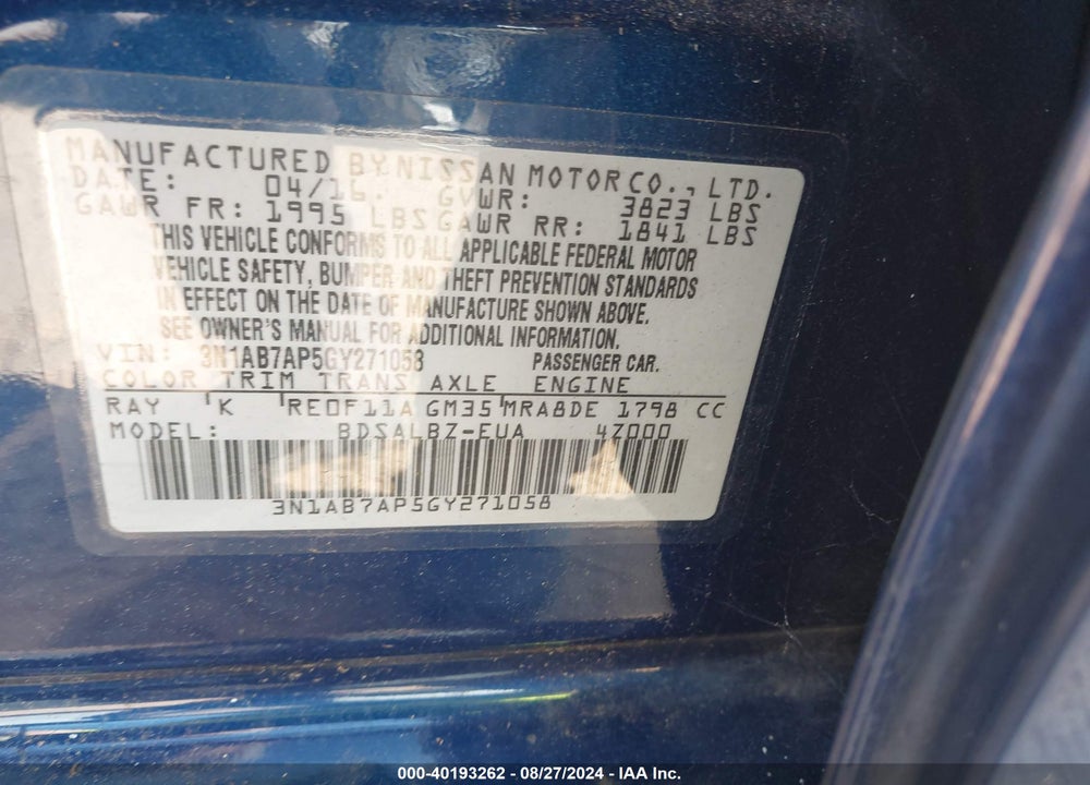 2016 NISSAN SENTRA S VIN: 3N1AB7AP5GY271058