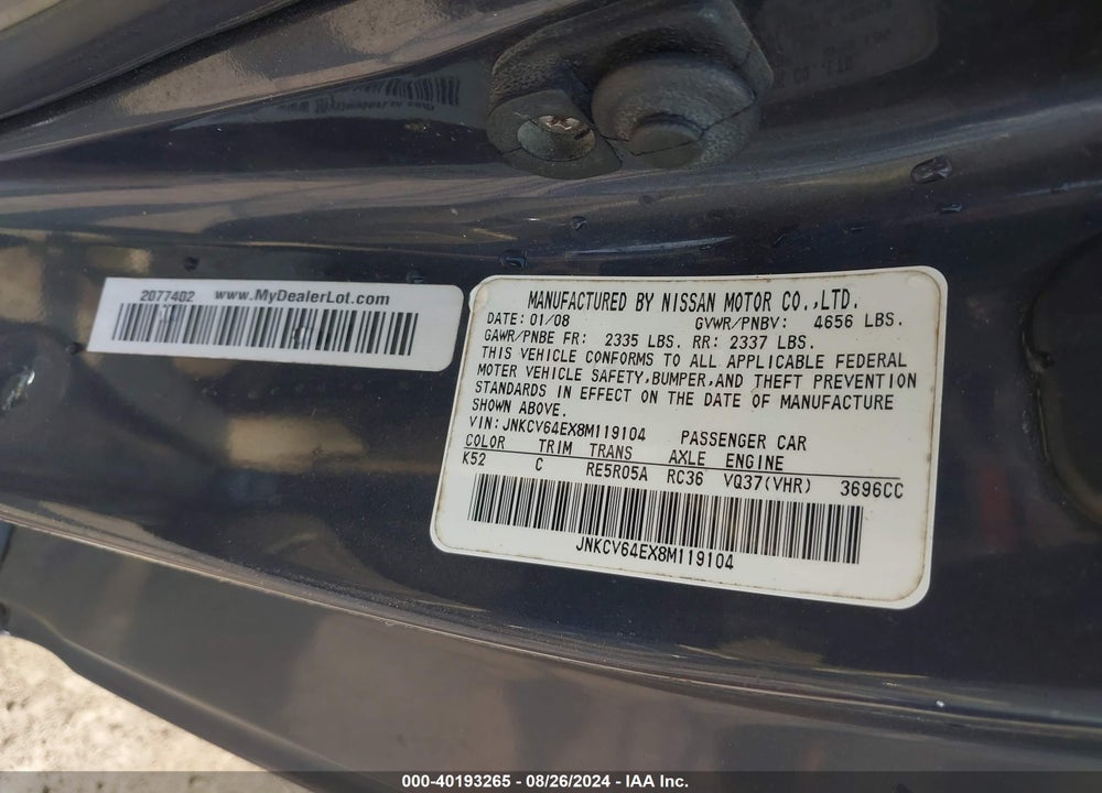 2008 INFINITI G37 JOURNEY VIN: JNKCV64EX8M119104