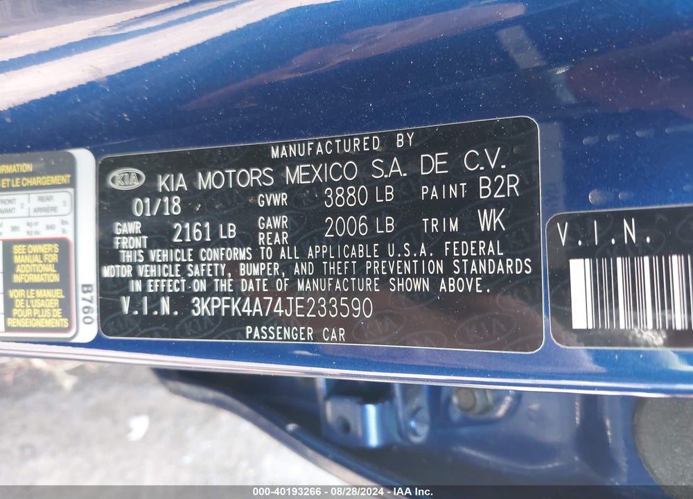 2018 KIA FORTE VIN: 3KPFK4A74JE233590