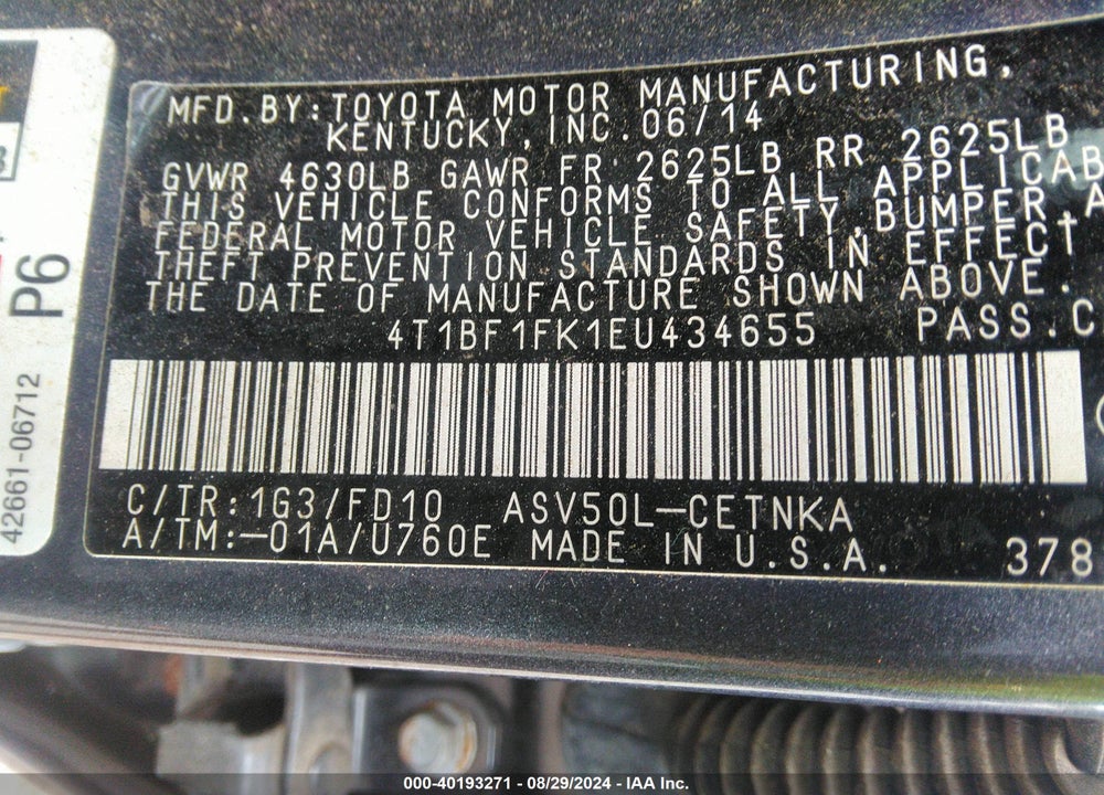 2014 TOYOTA CAMRY LE VIN: 4T1BF1FK1EU434655