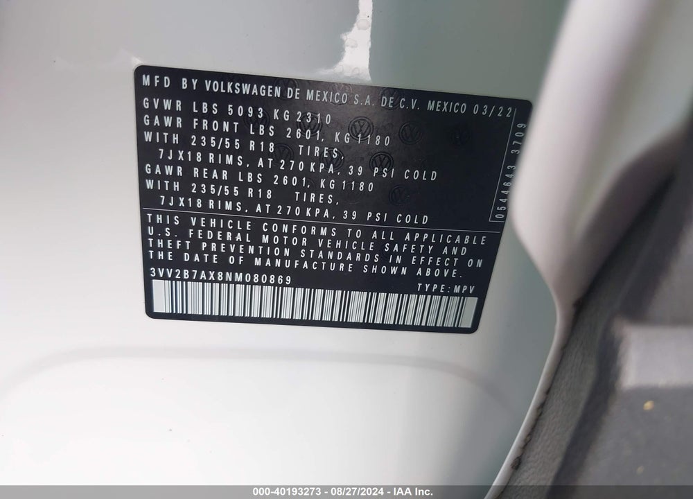 2022 VOLKSWAGEN TIGUAN 2.0T SE VIN: 3VV2B7AX8NM080869