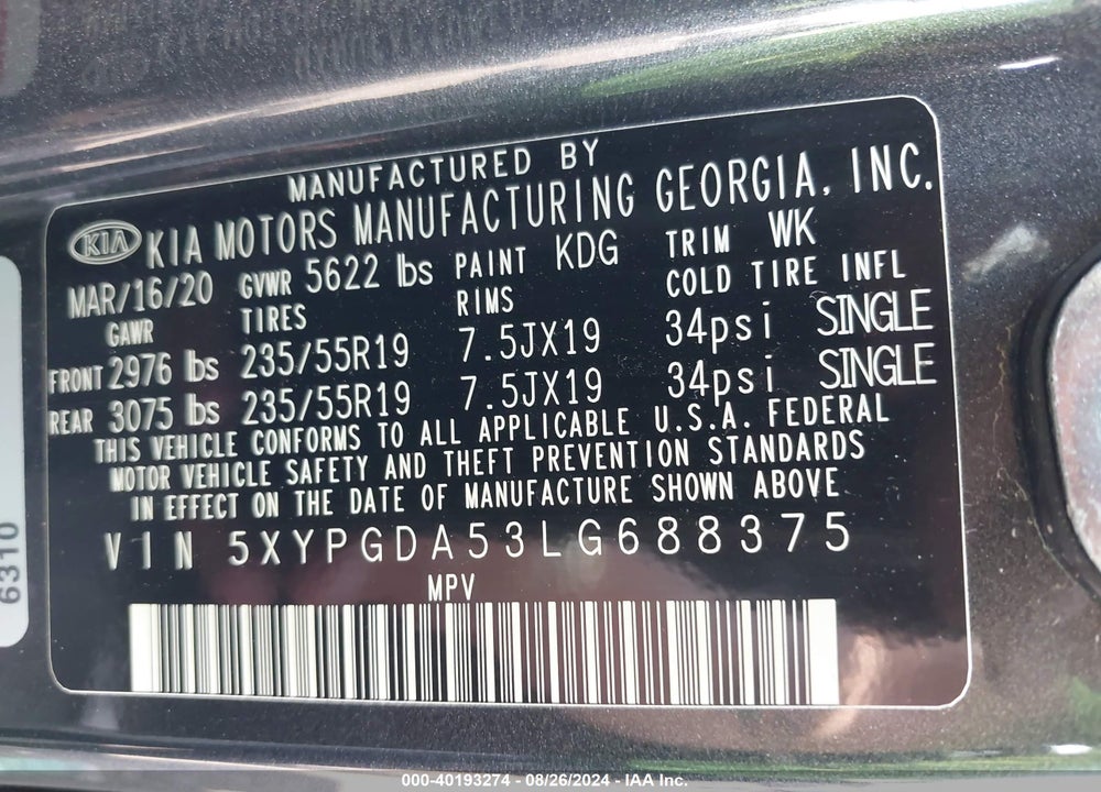 2020 KIA SORENTO 3.3L S VIN: 5XYPGDA53LG688375