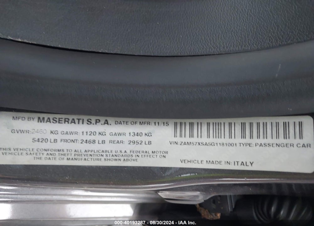 2016 MASERATI GHIBLI VIN: ZAM57XSA5G1181001