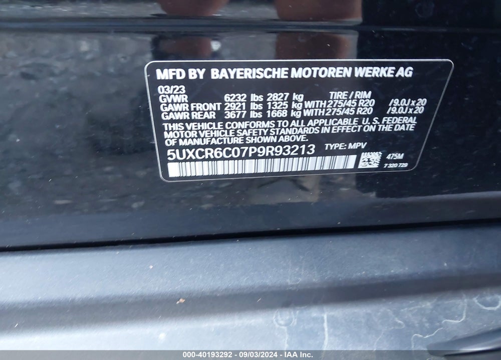 2023 BMW X5 XDRIVE40I VIN: 5UXCR6C07P9R93213