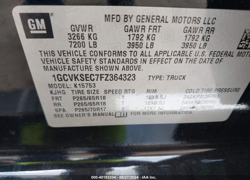 2015 CHEVROLET SILVERADO 1500 2LZ VIN: 1GCVKSEC7FZ364323