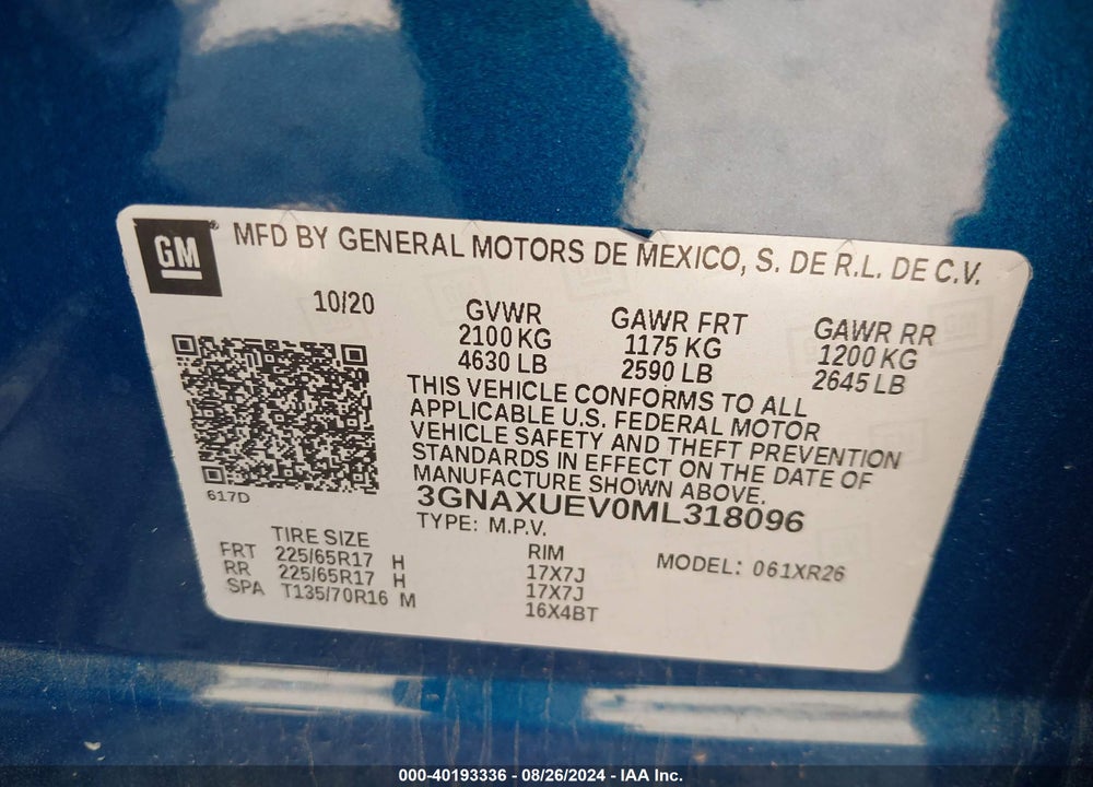 2021 CHEVROLET EQUINOX AWD LT VIN: 3GNAXUEV0ML318096