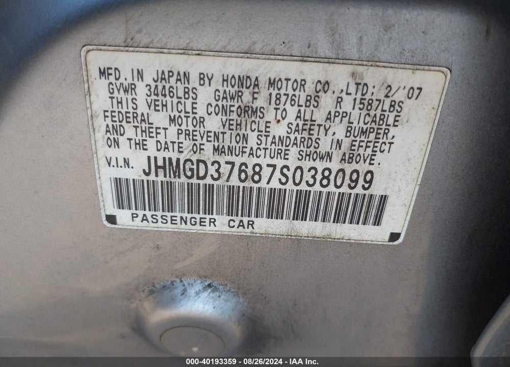 2007 HONDA FIT SPORT VIN: JHMGD37687S038099