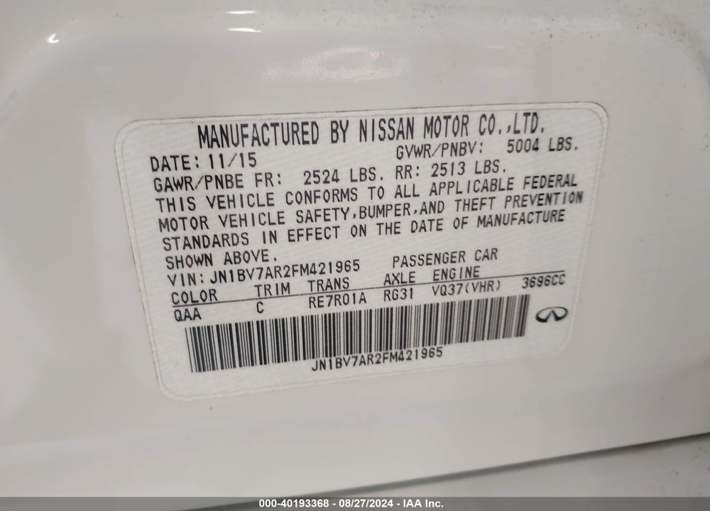 2015 INFINITI Q50 PREMIUM VIN: JN1BV7AR2FM421965