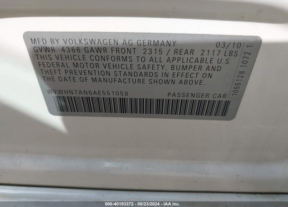 2010 VOLKSWAGEN CC LUXURY VIN: WVWHN7AN6AE551058