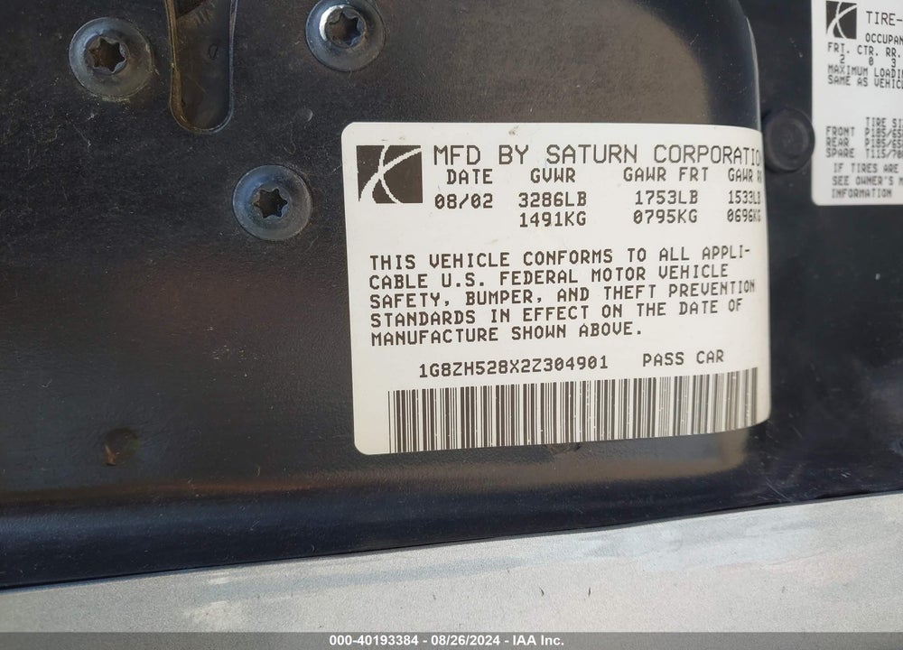 2002 SATURN S-SERIES SL1 VIN: 1G8ZH528X2Z304901