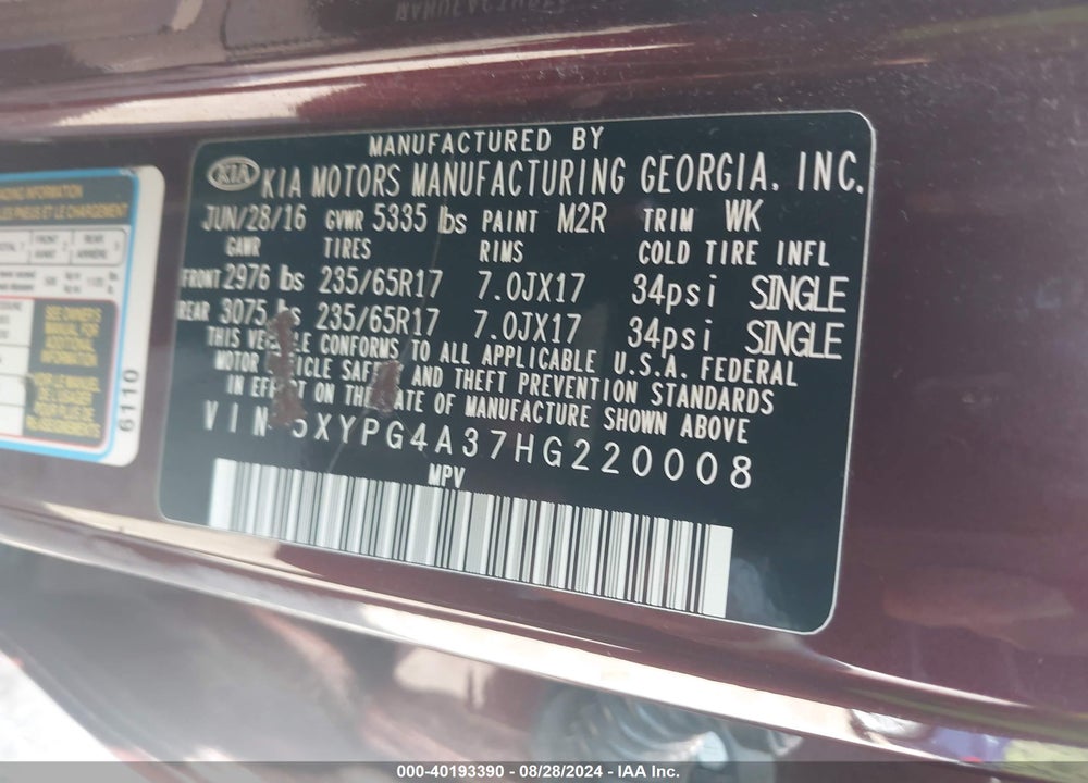 2017 KIA SORENTO 2.4L LX VIN: 5XYPG4A37HG220008
