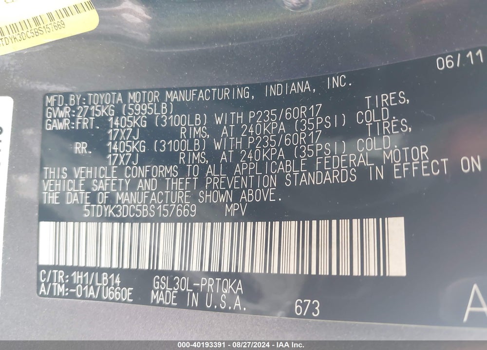 2011 TOYOTA SIENNA XLE V6 VIN: 5TDYK3DC5BS157669