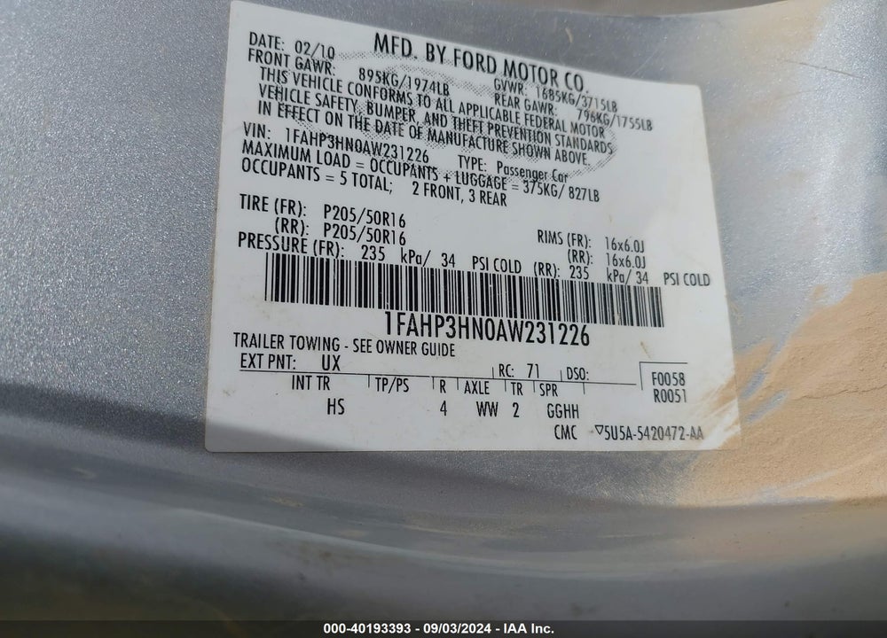 2010 FORD FOCUS SEL VIN: 1FAHP3HN0AW231226