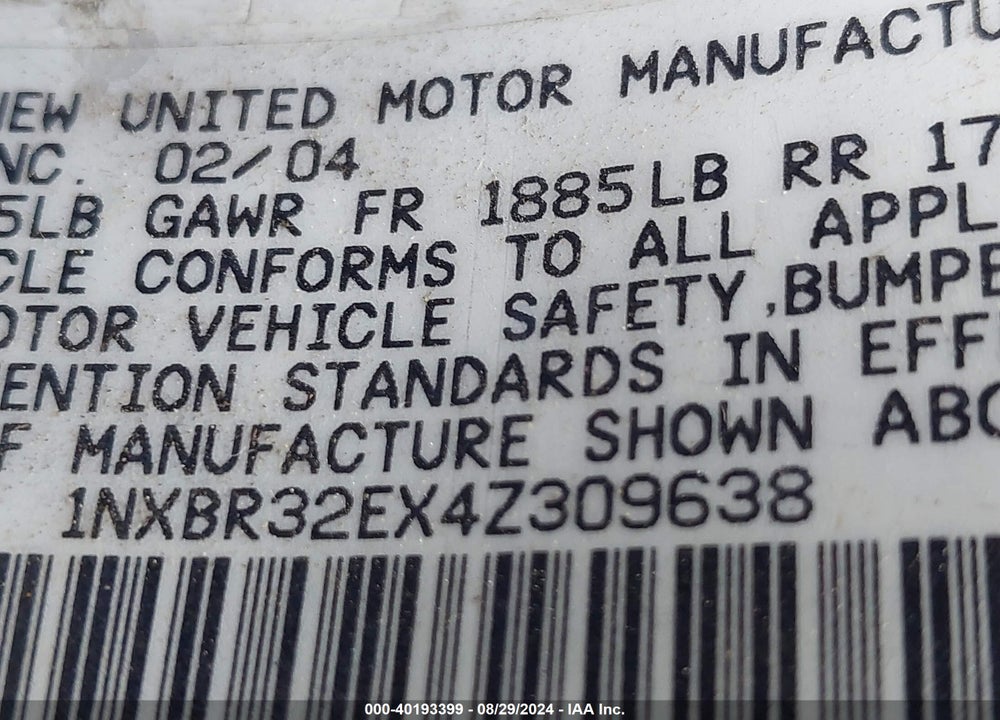 2004 TOYOTA COROLLA S VIN: 1NXBR32EX4Z309638
