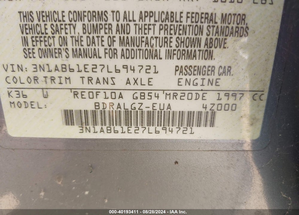 2007 NISSAN SENTRA 2.0SL VIN: 3N1AB61E27L694721