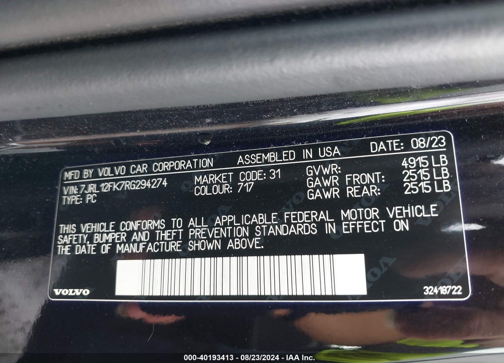 2024 VOLVO S60 B5 CORE DARK THEME VIN: 7JRL12FK7RG294274