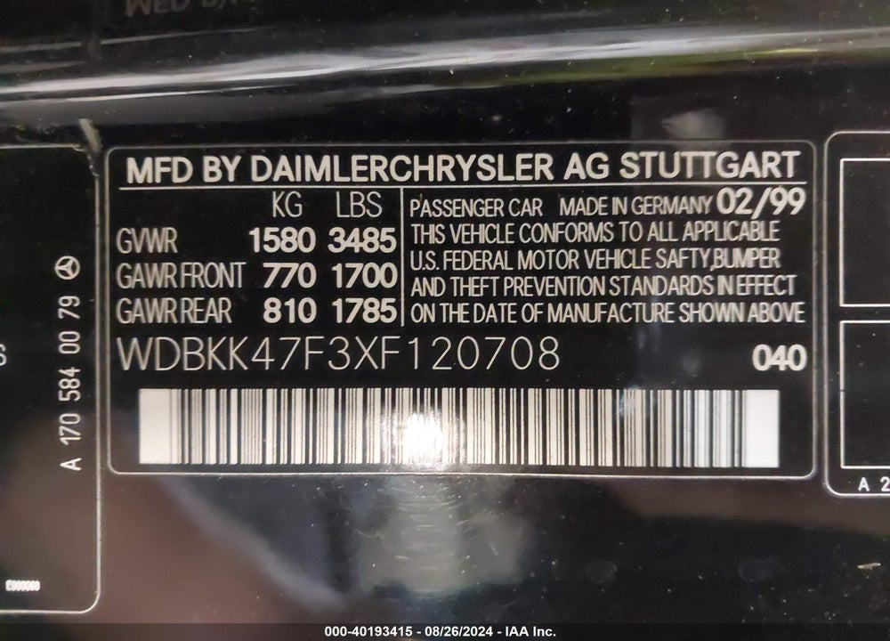 1999 MERCEDES-BENZ SLK 230 KOMPRESSOR VIN: WDBKK47F3XF120708