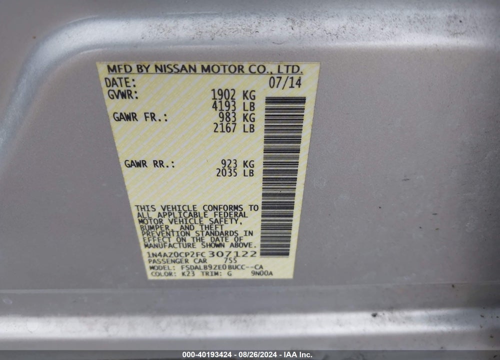 2015 NISSAN LEAF S VIN: 1N4AZ0CP2FC307122