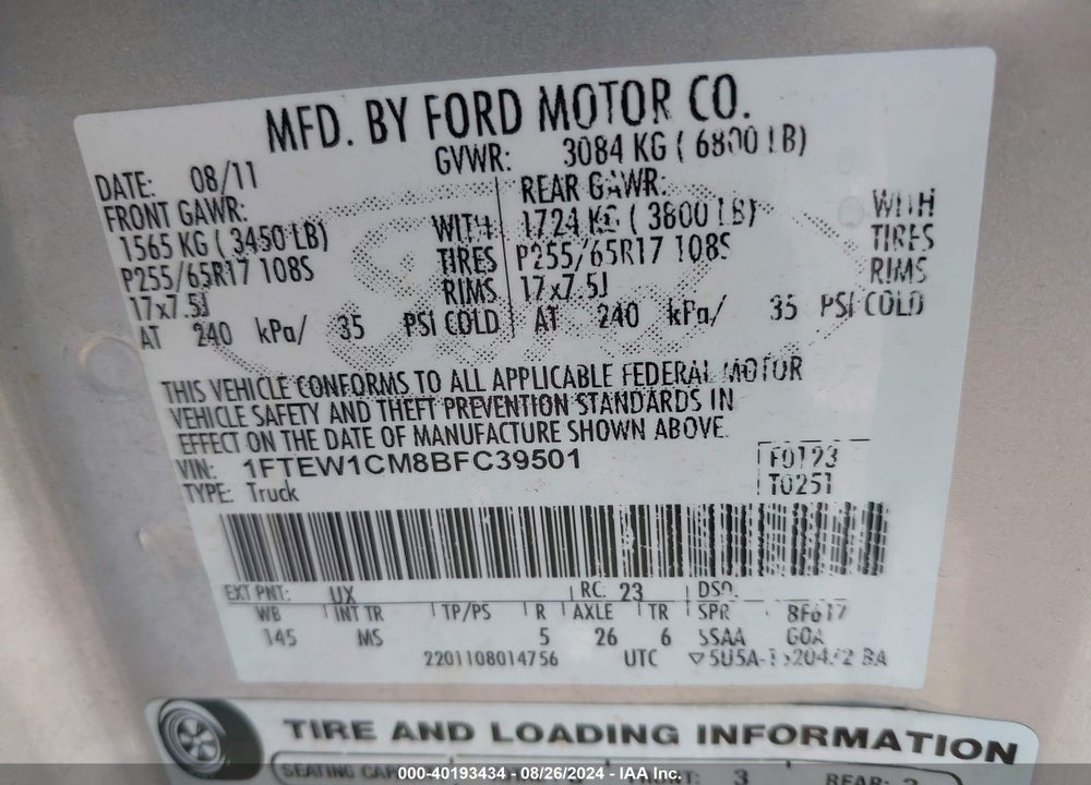 2011 FORD F-150 XLT VIN: 1FTEW1CM8BFC39501