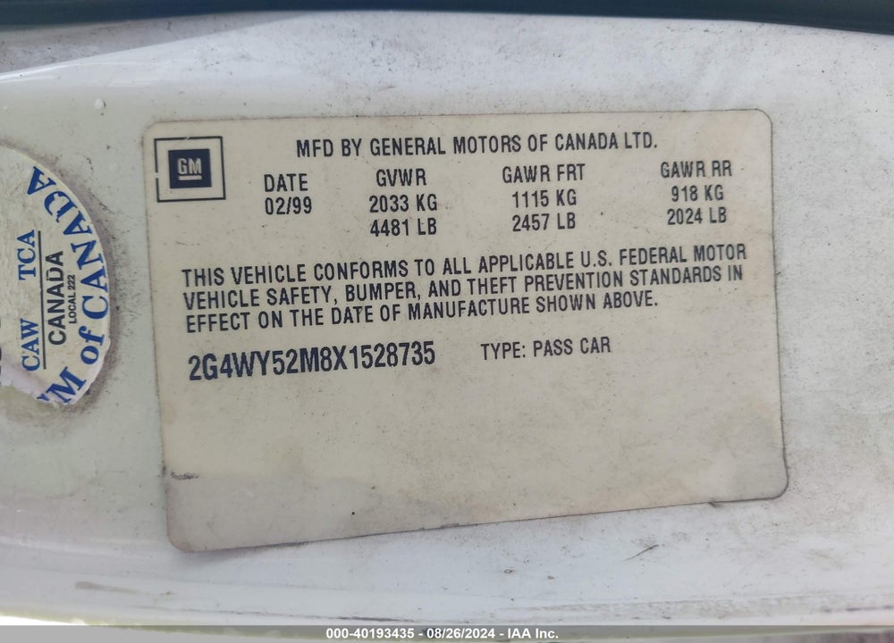 1999 BUICK CENTURY VIN: 2G4WY52M8X1528735