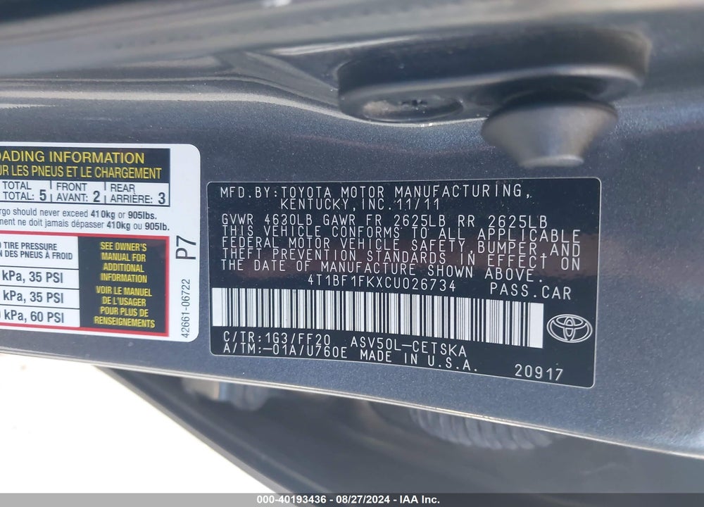 2012 TOYOTA CAMRY VIN: 4T1BF1FKXCU026734