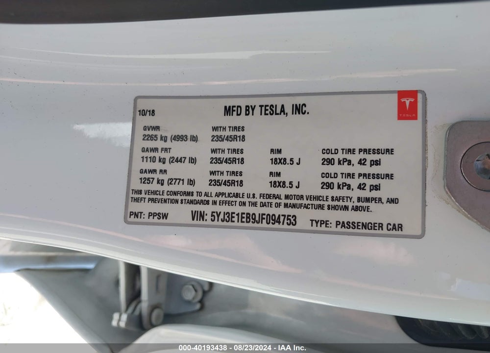 2018 TESLA MODEL 3 LONG RANGE/PERFORMANCE VIN: 5YJ3E1EB9JF094753