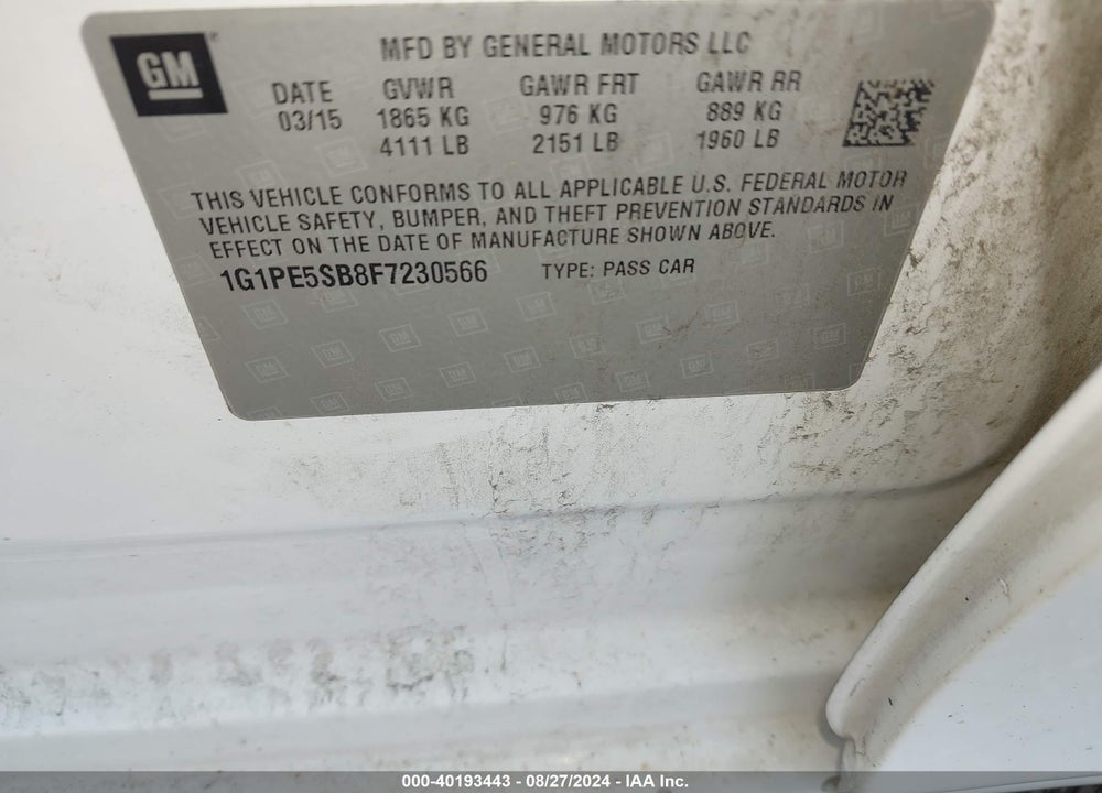 2015 CHEVROLET CRUZE VIN: 1G1PE5SB8F7230566