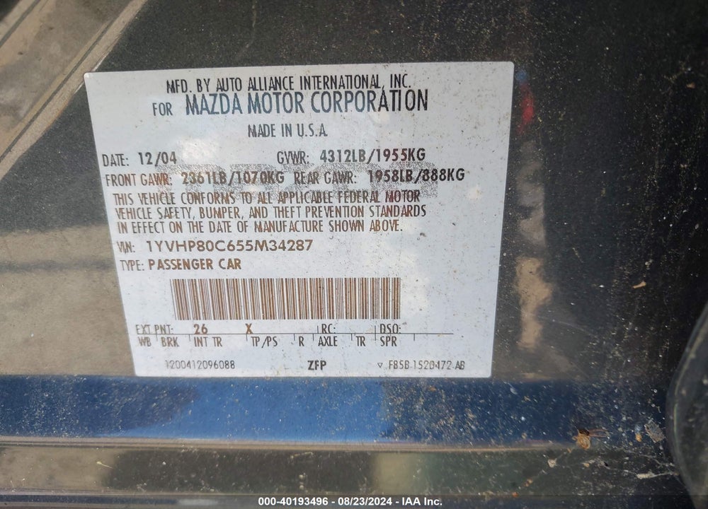 2005 MAZDA 6 I SPORT VIN: 1YVHP80C655M34287