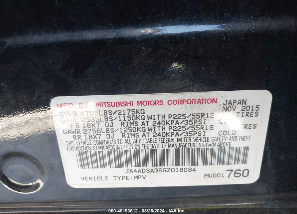 2016 MITSUBISHI OUTLANDER SE VIN: JA4AD3A36GZ018084