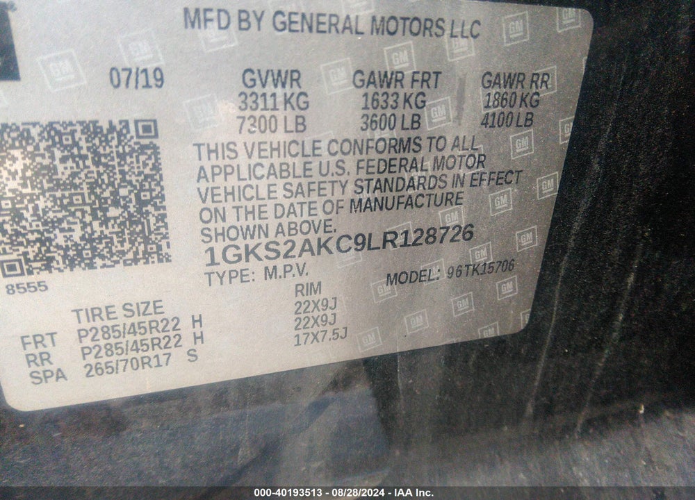 2020 GMC YUKON 4WD SLE VIN: 1GKS2AKC9LR128726