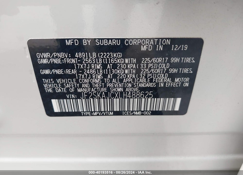 2020 SUBARU FORESTER PREMIUM VIN: JF2SKAJCXLH488625