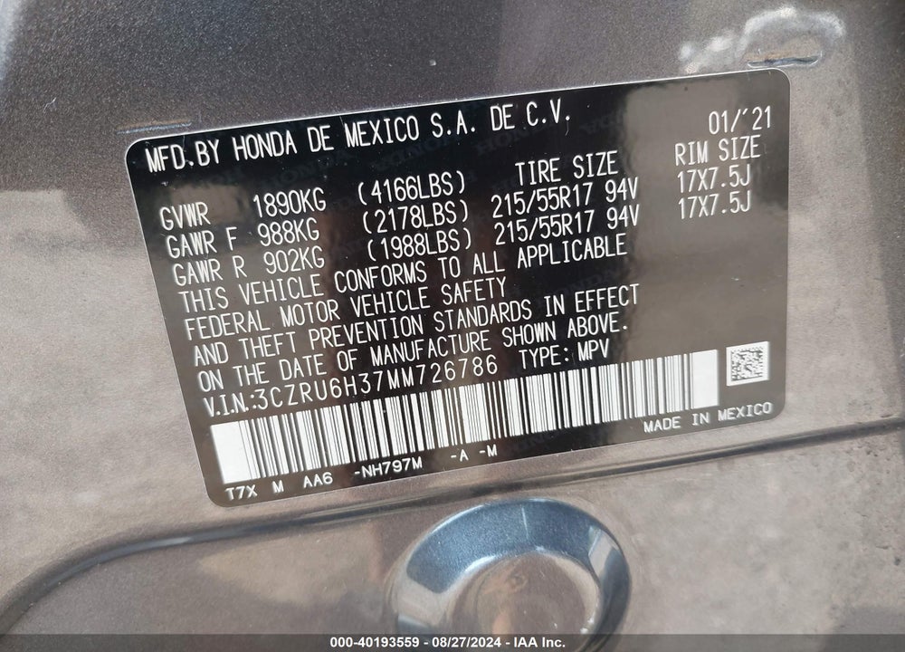 2021 HONDA HR-V AWD LX VIN: 3CZRU6H37MM726786
