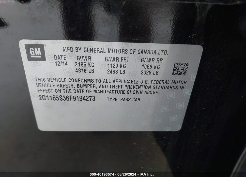 2015 CHEVROLET IMPALA 2LZ VIN: 2G1165S36F9194273