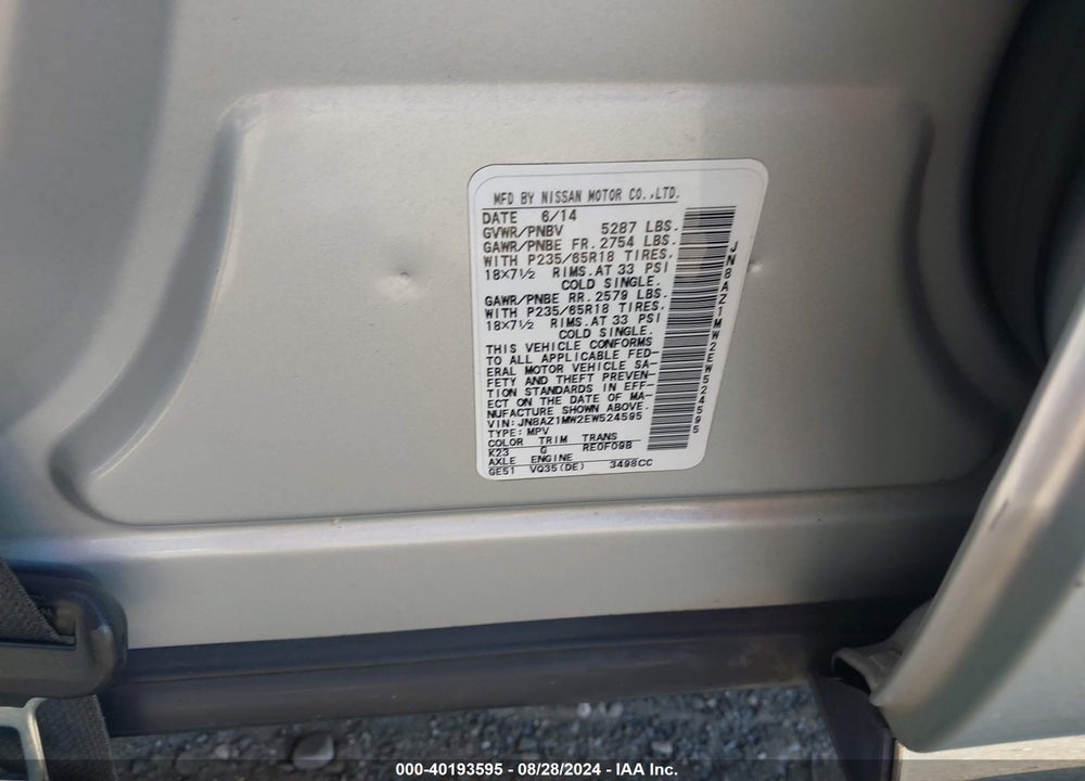 2014 NISSAN MURANO VIN: JN8AZ1MW2EW524595