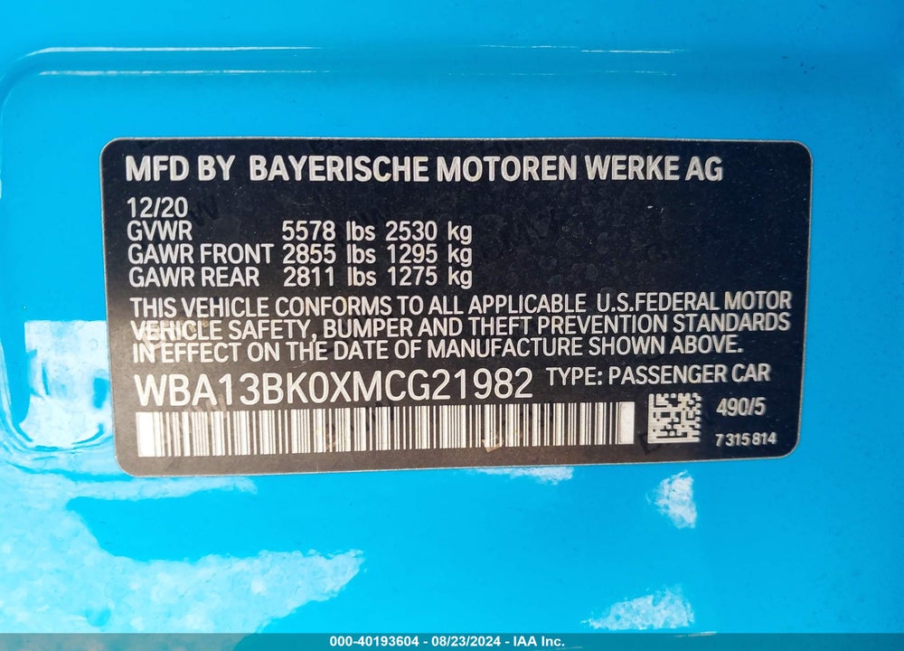 2021 BMW M550I XDRIVE VIN: WBA13BK0XMCG21982