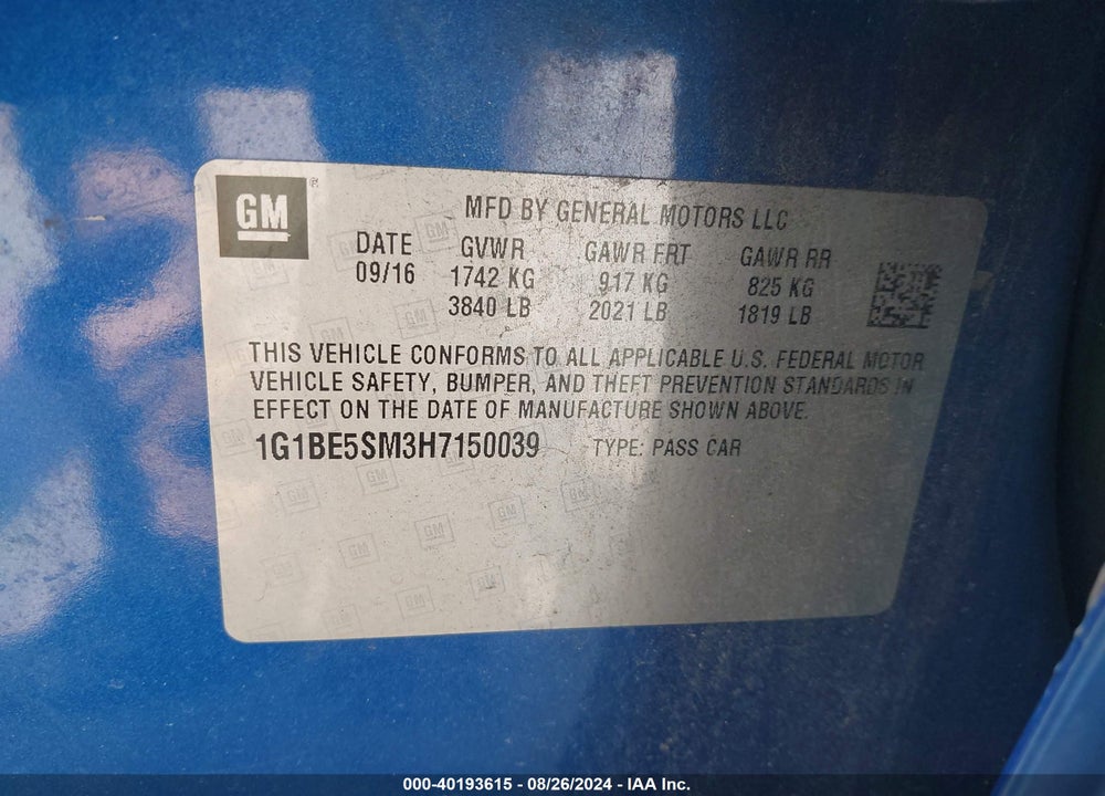 2017 CHEVROLET CRUZE LT AUTO VIN: 1G1BE5SM3H7150039