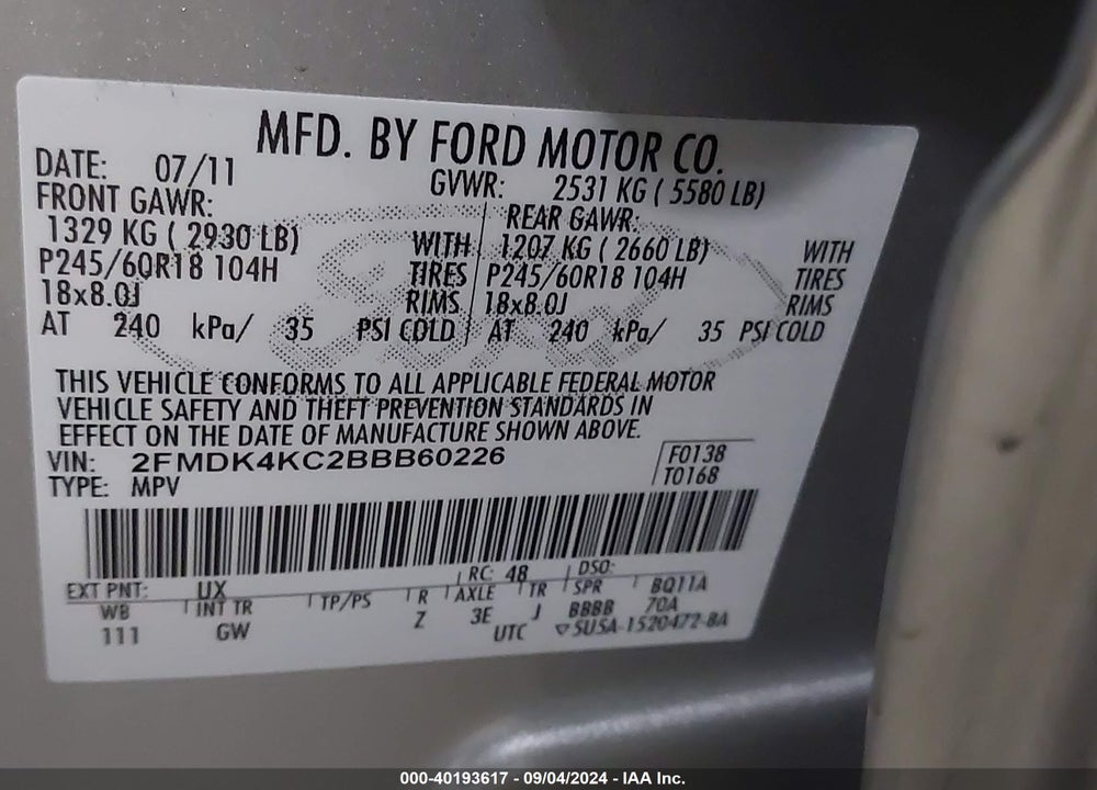 2011 FORD EDGE LIMITED VIN: 2FMDK4KC2BBB60226