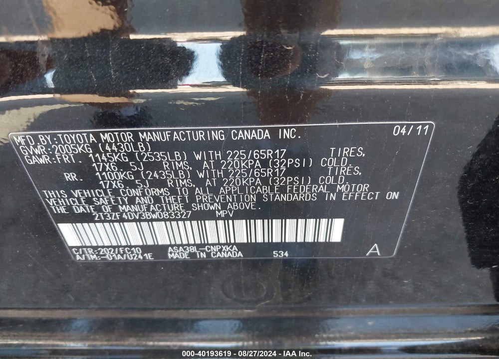 2011 TOYOTA RAV4 VIN: 2T3ZF4DV3BW083327
