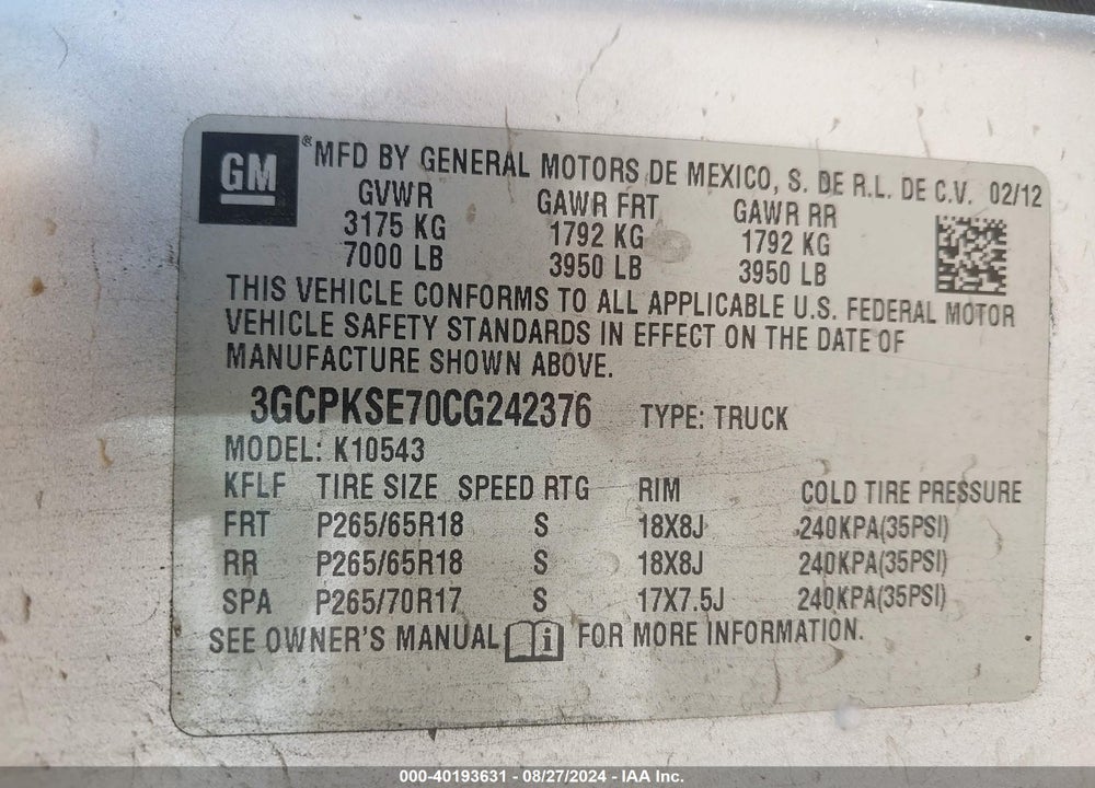 2012 CHEVROLET SILVERADO 1500 LT VIN: 3GCPKSE70CG242376