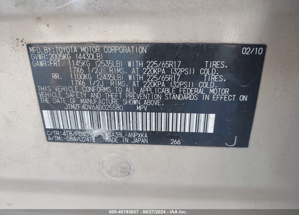 2010 TOYOTA RAV4 VIN: JTMZF4DV6AD025580
