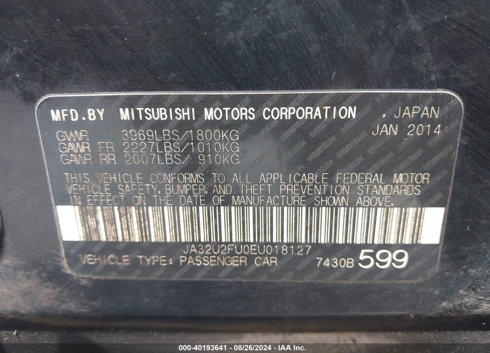 2014 MITSUBISHI LANCER ES VIN: JA32U2FU0EU018127