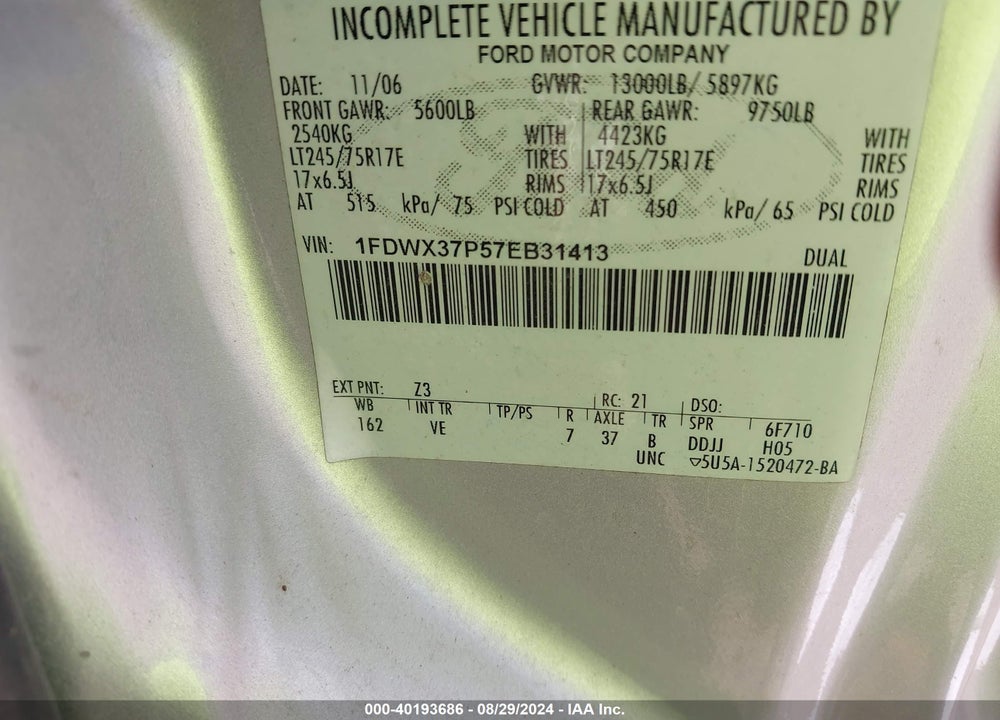 2007 FORD F-350 CHASSIS LARIAT/XL/XLT VIN: 1FDWX37P57EB31413