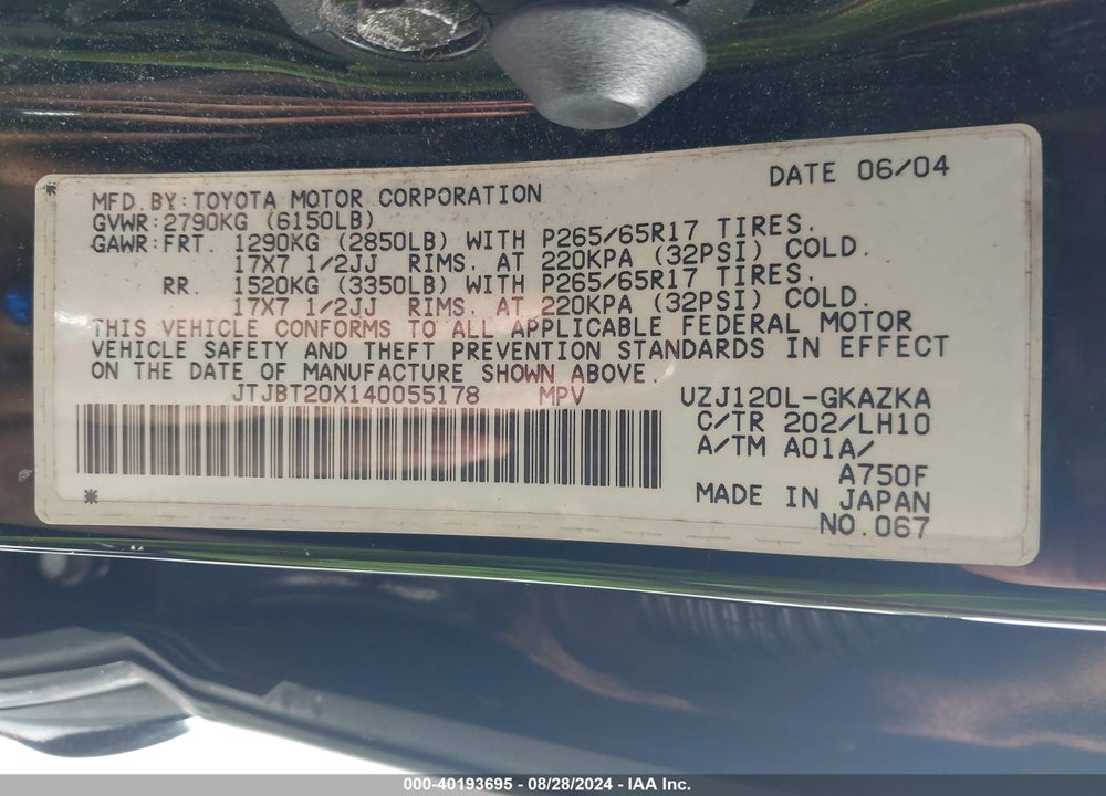 2004 LEXUS GX 470 VIN: JTJBT20X140055178