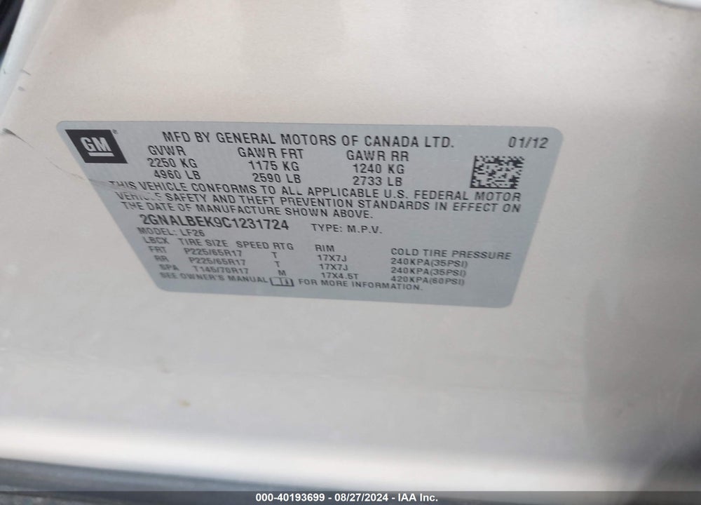 2012 CHEVROLET EQUINOX LS VIN: 2GNALBEK9C1231724