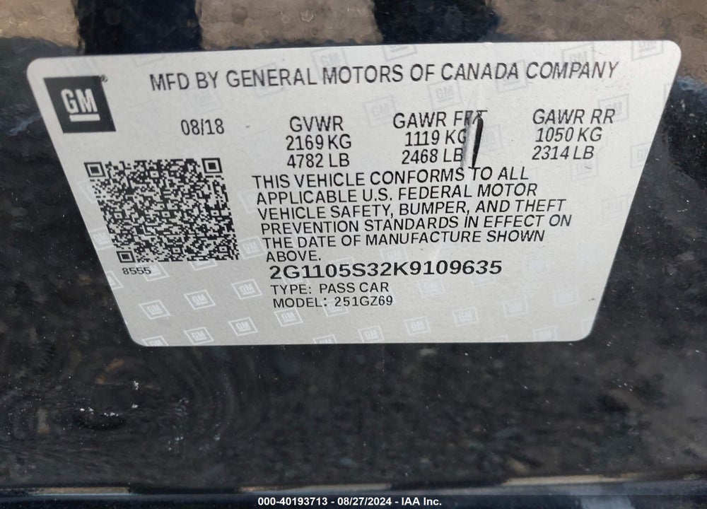 2019 CHEVROLET IMPALA PREMIER VIN: 2G1105S32K9109635