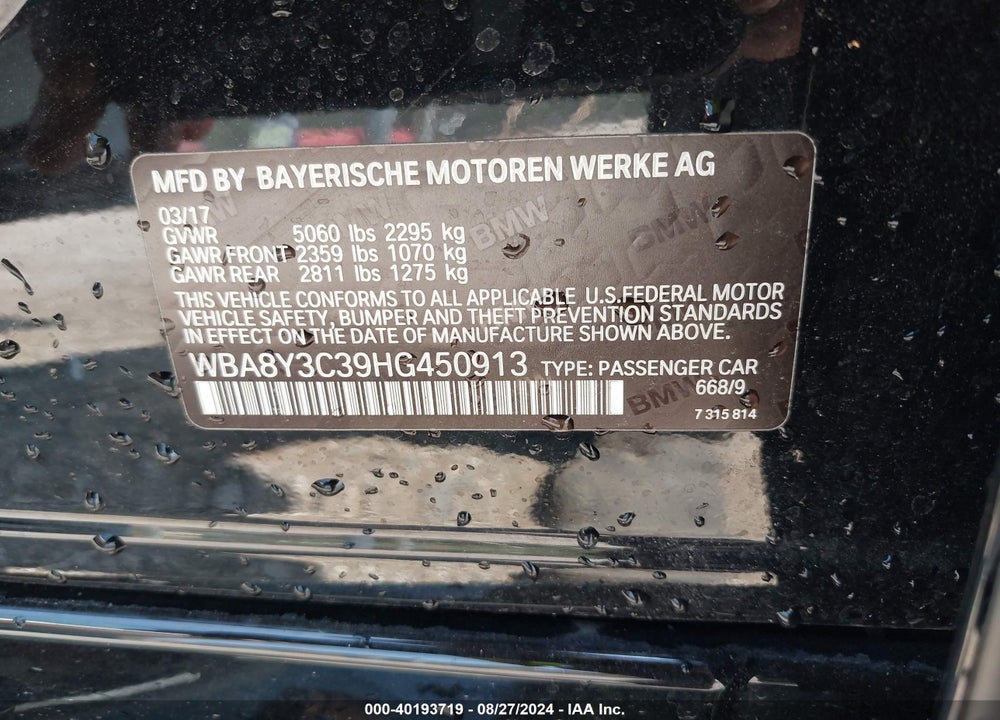 2017 BMW 340I GRAN TURISMO XDRIVE VIN: WBA8Y3C39HG450913