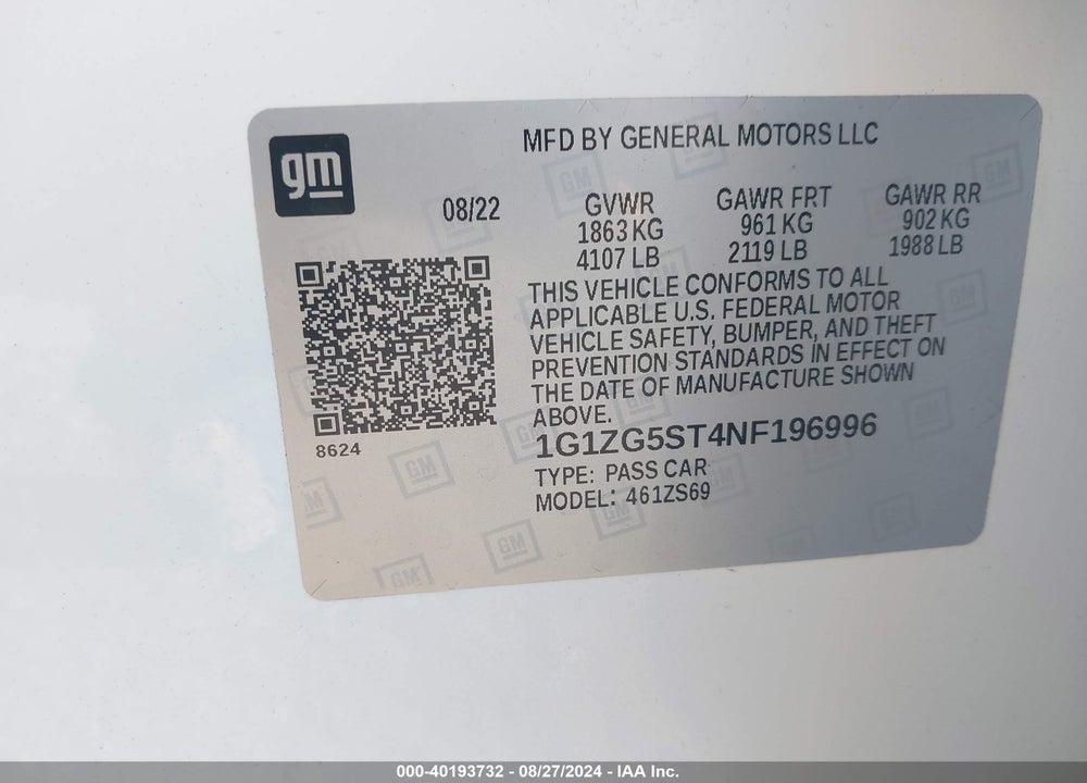 2022 CHEVROLET MALIBU FWD RS VIN: 1G1ZG5ST4NF196996